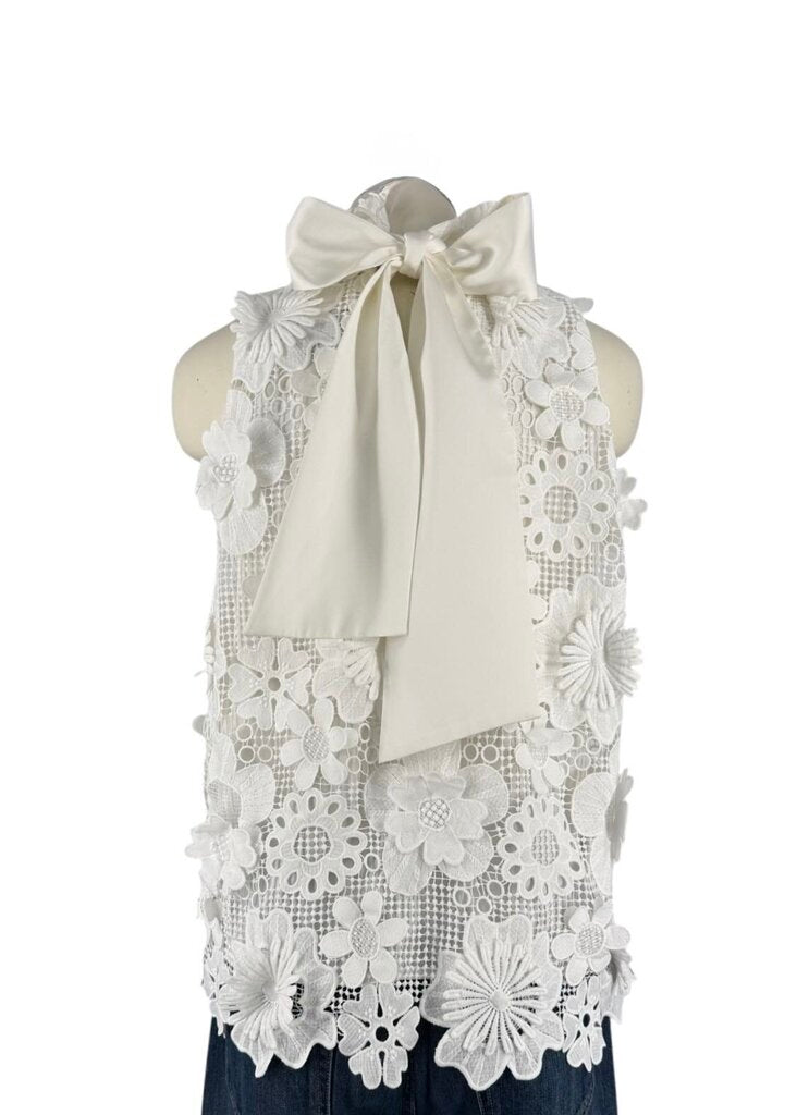 Tuckernuck Embroidered White Floral Sleeveless with Bow Tie in Back