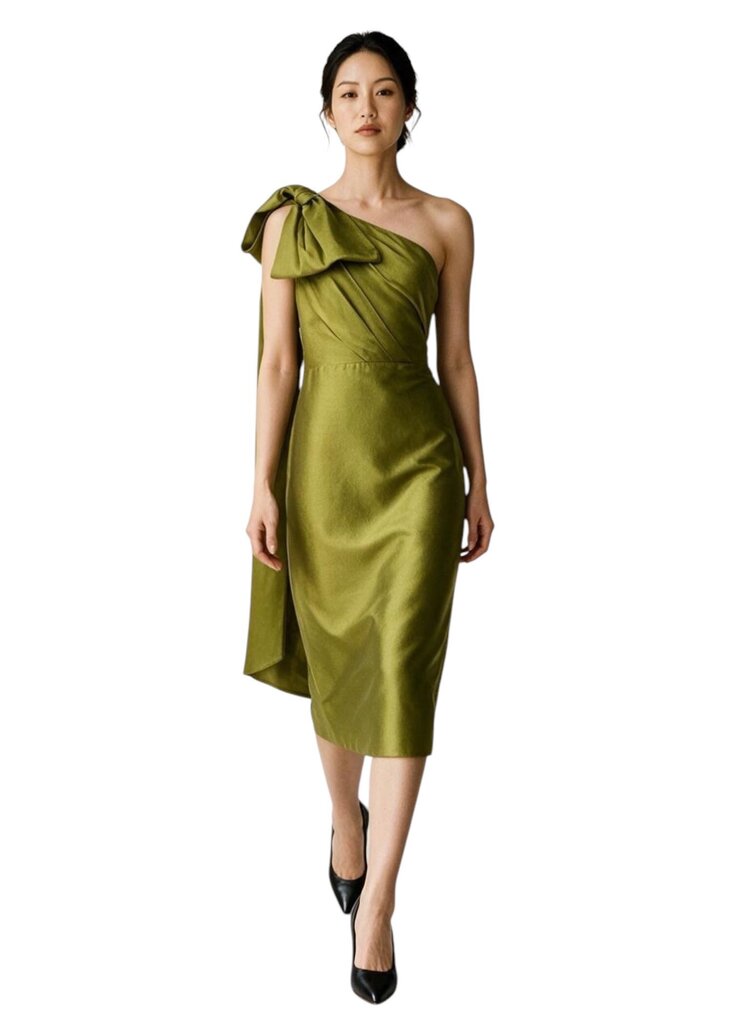 Marchesa Notte Bow One Shoulder Midi Mikado Cocktail Dress