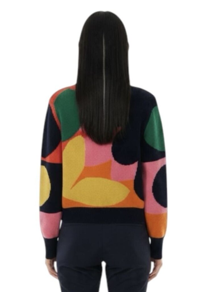 White & Warren Jacky Blue Luxe Collage Cashmere Abstract Crew Sweater