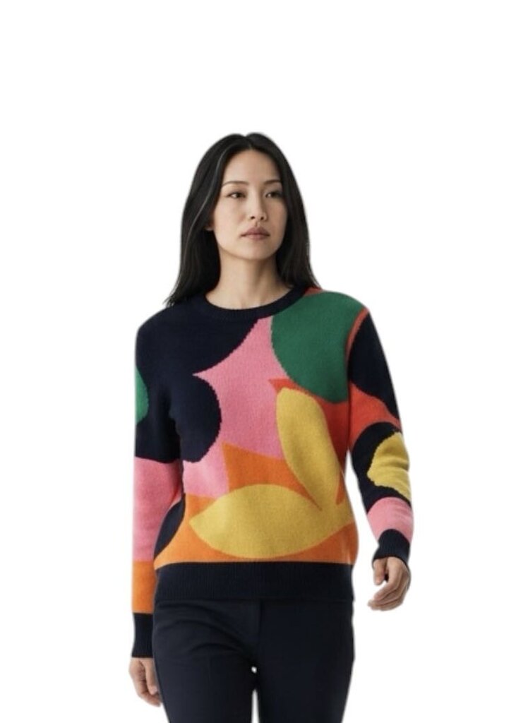 White & Warren Jacky Blue Luxe Collage Cashmere Abstract Crew Sweater